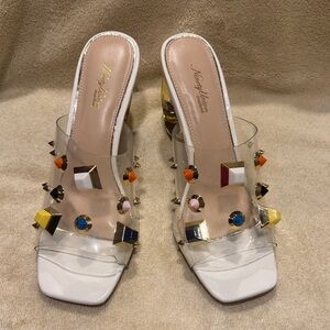 Size 8 Ninety Union CoutureWhite Clear Studded Heels with Multicolor Gems